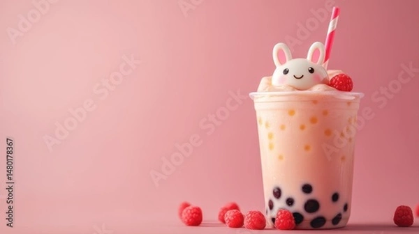 Obraz Colorful bubble tea drink with playful rabbit topping and fresh raspberries on soft pink background