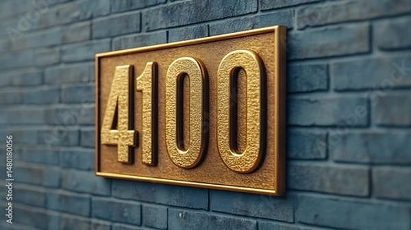 Obraz A golden address plaque with the number 4100 is mounted on a textured blue brick wall.