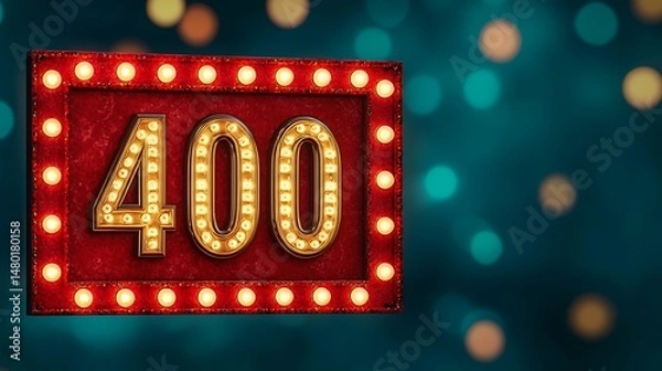 Obraz The number 400 is displayed in large, illuminated marquee lights on a red sign with a festive, bokeh background.