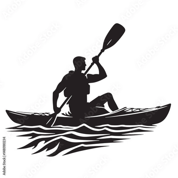 Obraz Kayaking Silhouette line art vector illustration on white background