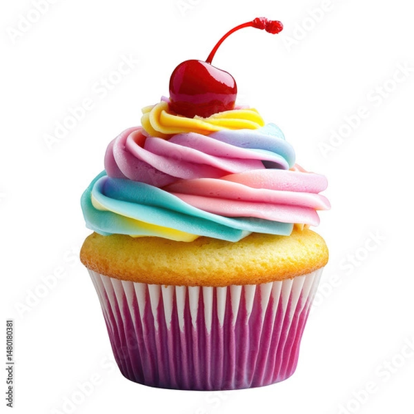 Fototapeta Colorful cupcake with cherry isolated on transparent background