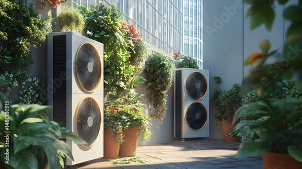 Obraz Outdoor air conditioning units surrounded by lush greenery on sunny day, creating serene and eco friendly atmosphere