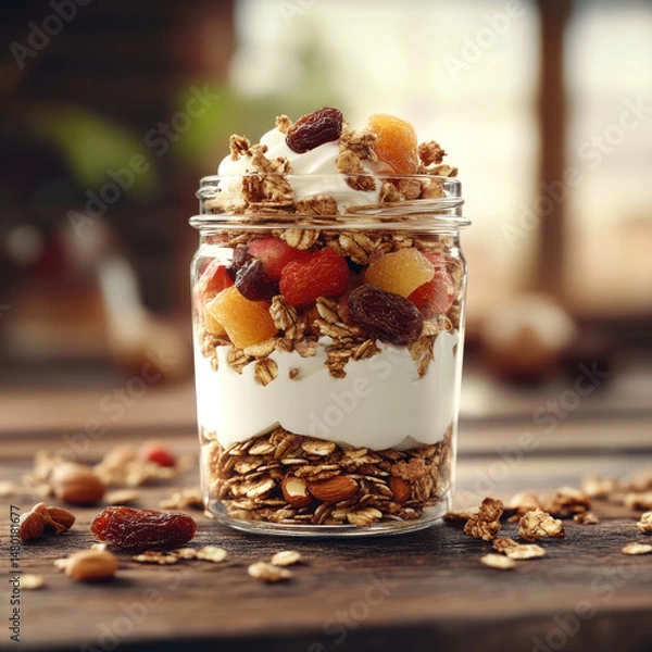 Fototapeta Layered parfait in a jar with granola, yogurt, and fruit on a wooden table