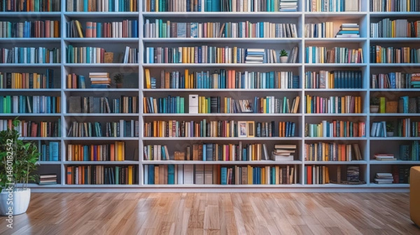 Fototapeta The modern white ash wood bookshelf is filled with books and office supplies, creating a neat space.