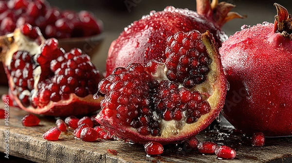Fototapeta Juicy pomegranates, split open, revealing glistening red arils, on wooden surface