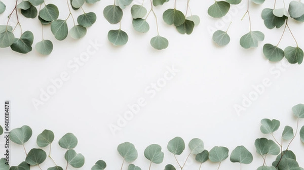 Fototapeta Green eucalyptus leaves frame a white background, creating a natural, fresh aesthetic