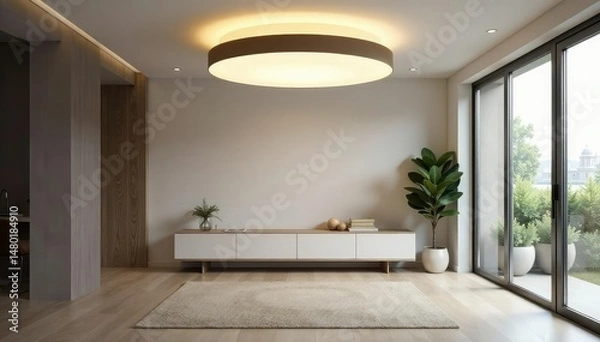 Fototapeta Modern minimalist ceiling light fixture illuminates a bright, airy room , interior, design