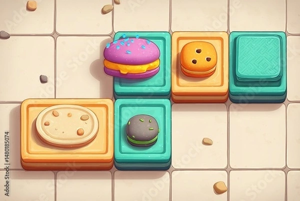 Fototapeta Colorful dessert blocks stacked strategically on a game board featuring cookies and pastries