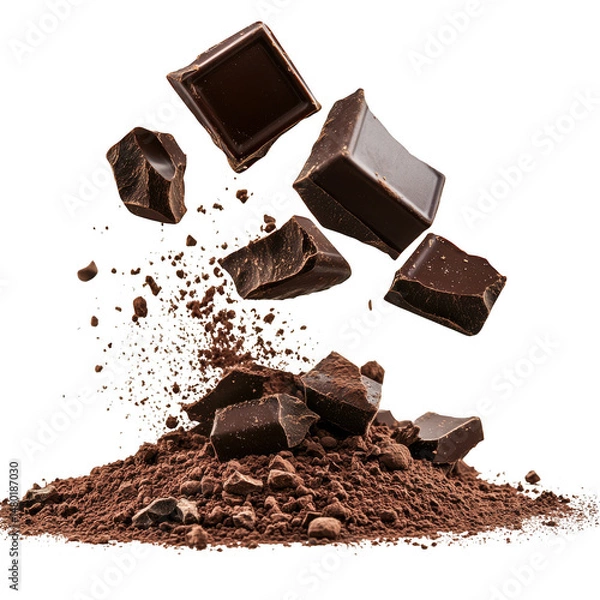 Obraz Falling chocolate pieces isolated on transparent background
