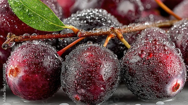 Fototapeta Macro shot of ripe, water-droplet covered berries and a green leaf