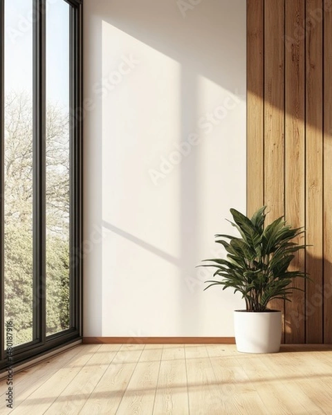 Obraz Minimalist interior with plant near window, bright sunlight casting shadows on wall and wood paneling, eye level shot