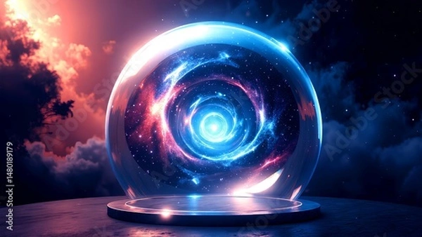 Fototapeta A glowing crystal ball contains a swirling galaxy, set against a dramatic, colorful sky with cosmic and mystical energy.