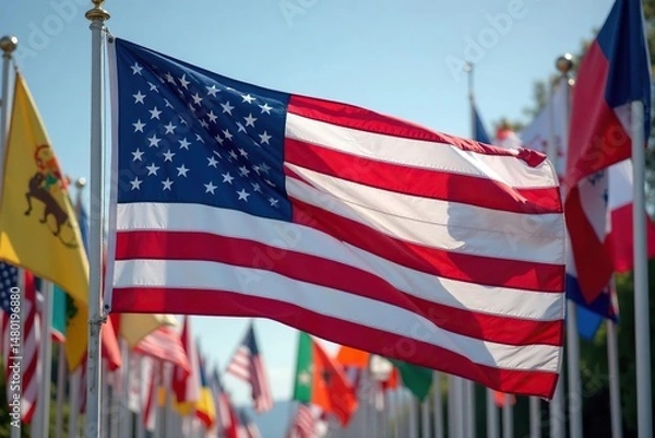 Fototapeta US flag displayed prominently among diverse flags , variety, event