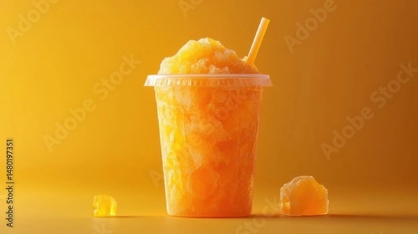 Obraz Refreshing Orange Slushie in Clear Cup with Straw on Bright Yellow Background