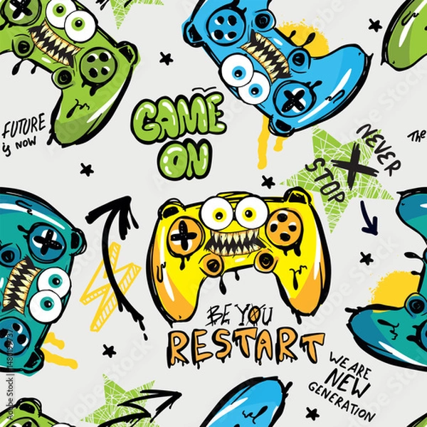 Fototapeta Seamless bright pattern with monster joysticks. gaming cool print for boys and girls. Suitable for textiles, sportswear, web
