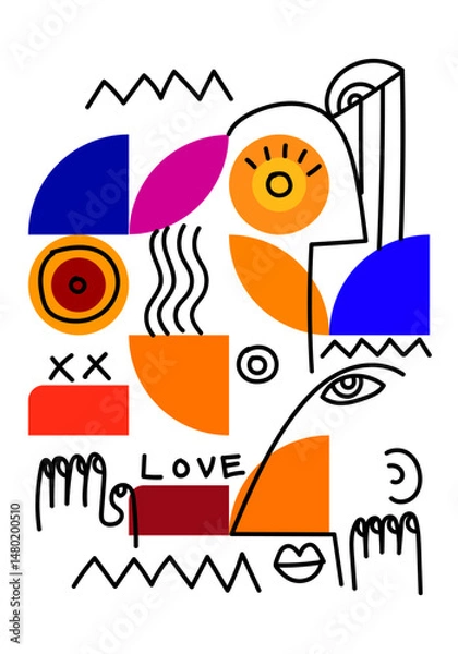 Fototapeta Abstract face portrait geomtric shapes doodle line art hand drawn vector illustration. Aesthetic design for art print, decoration, cards, poster and wall art.