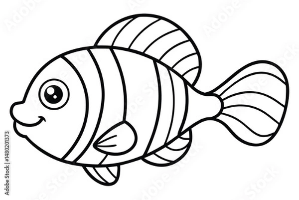 Fototapeta Black outline cartoon fish with stripes and happy expression is ready to swim