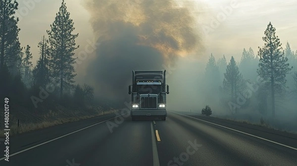 Obraz A large gray semi-truck carrying a load of hay bales drives along a winding road, surrounded by tall green pine trees.