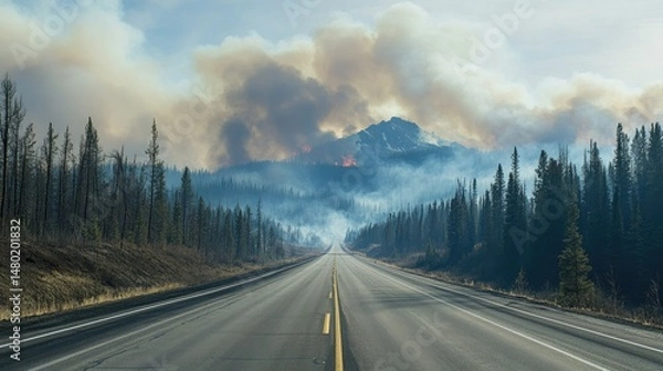 Obraz A serene road stretches through a dense forest of tall pine trees under a clear sky.