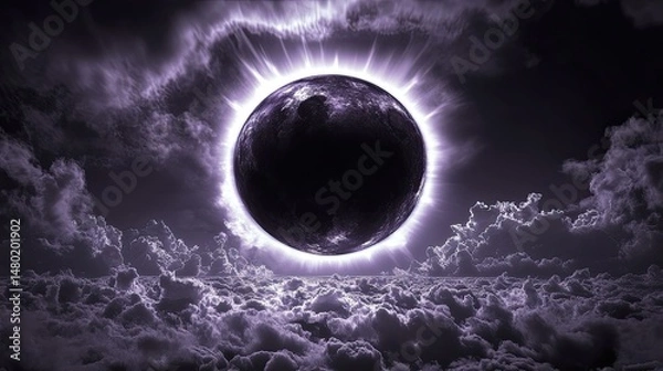 Obraz A striking image of a solar eclipse, showcasing a dark circular silhouette of the moon partially covering the bright disk of the sun.