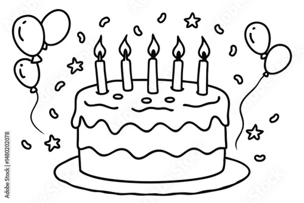 Obraz Black outline illustrates a birthday cake adorned with candles, balloons, and star decorations