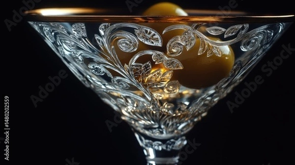 Obraz A classic martini in a sleek, inverted conical glass, featuring three green olives on a cocktail pick.