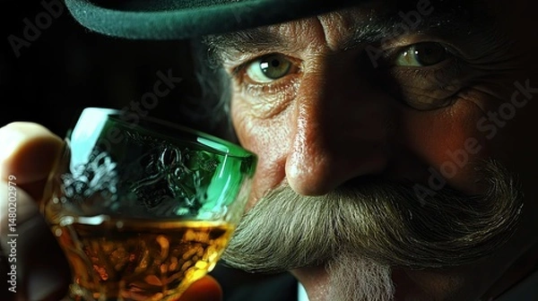 Obraz A clear glass with a rounded shape contains amber-colored liquid, adorned with a bright green felt mustache placed across the upper rim.