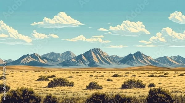 Obraz A panoramic view of a vast landscape featuring rolling hills and mountain ranges in the background, with snow-capped peaks.