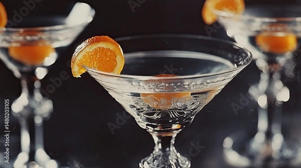Obraz A close-up of a martini glass filled with a dark cocktail, garnished with a curled orange peel.