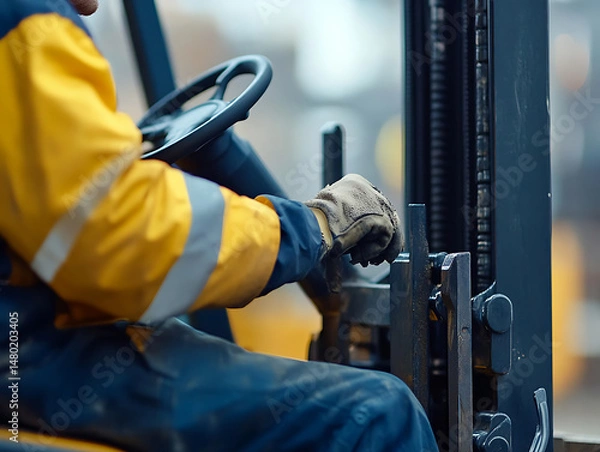 Fototapeta Worker Operating a Forklift in Industrial Setting