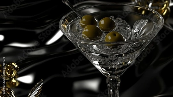 Obraz A close-up of a martini glass filled with clear liquid, featuring two green olives with pimentos floating inside.
