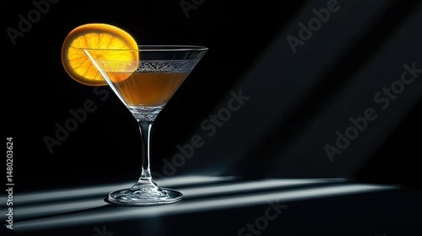 Obraz A dark, elegant martini glass filled with a rich, dark beverage, highlighted by a twist of orange peel perched on the rim.
