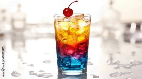 Obraz A tall glass filled with a vibrant pink beverage, ice cubes are floating in the drink.