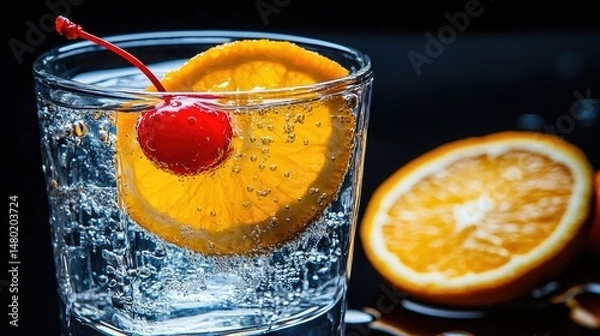 Obraz A glass filled with a vibrant red beverage, featuring ice cubes and garnished with an orange slice and a maraschino cherry.