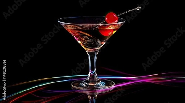 Obraz A close-up view of a cocktail in a stylish martini glass, featuring amber-colored liquid with a glossy surface.