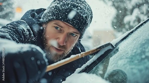 Obraz A man is clearing snow from the windshield of a car in a winter setting.