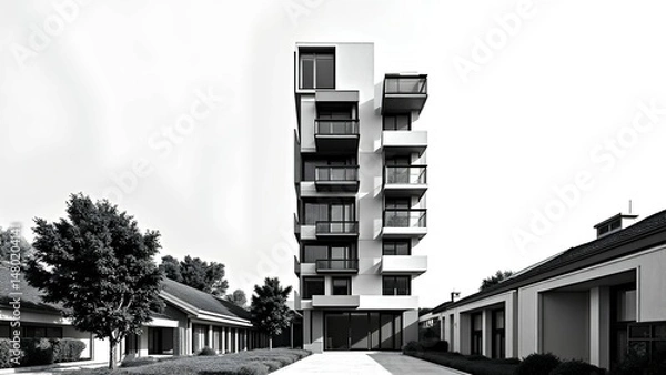 Fototapeta A modern multi-story apartment building stands between low-rise houses in a suburban neighborhood.