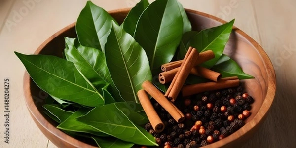 Fototapeta Aromatic Spices in Wooden Bowl Bay Leaves, Cinnamon Sticks, and Peppercorns create a captivating blend of warm, earthy scents and inviting textures.