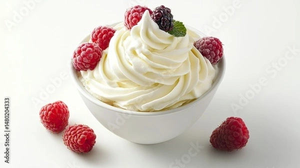 Obraz A tall glass filled with creamy vanilla ice cream topped with a rich, dark berry sauce and fresh blackberries.