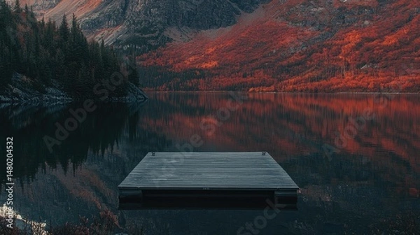 Obraz A serene landscape featuring a calm lake surrounded by majestic mountains.