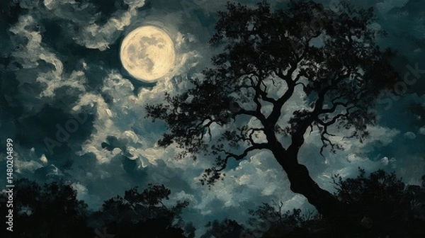 Obraz A large, bright full moon dominates the sky against a backdrop of dark, swirling clouds.