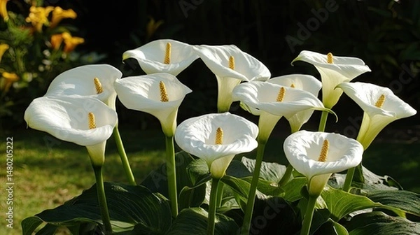 Obraz A cluster of white, bell-shaped flowers blooms atop a tall green stalk, surrounded by long, narrow sword-like leaves.