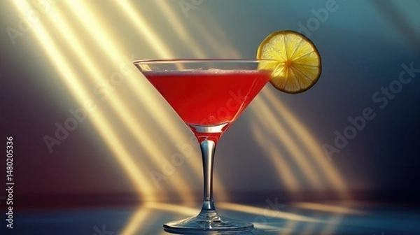 Obraz A short cocktail glass filled with vibrant red liquid and ice cubes, garnished with a lime wedge.