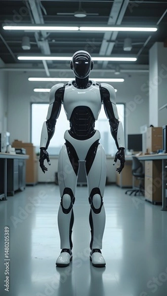 Fototapeta A futuristic humanoid robot stands silently in a modern office hallway, its sleek design contrasting with the sterile environment. A sense of anticipation hangs in the air.