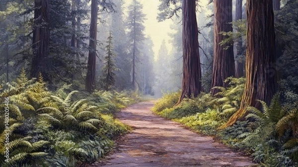 Obraz A serene forest pathway winds through towering redwood trees, illuminated by soft sunlight filtering through the leaves.