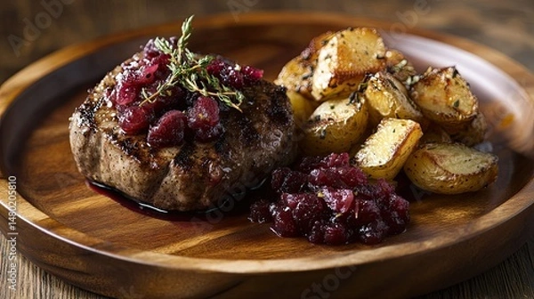 Obraz A beautifully plated dish featuring a large, juicy pork chop topped with a glossy berry sauce and fresh cranberries.