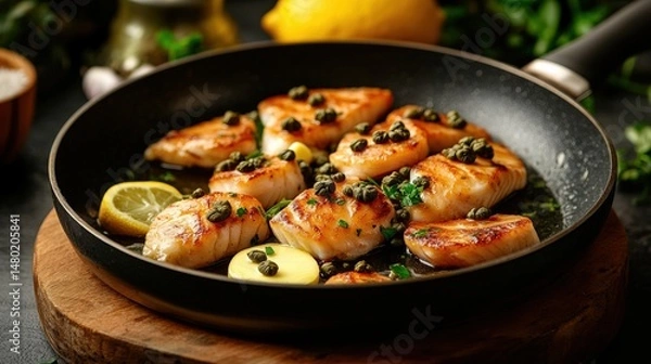 Obraz Delicious seared fish fillets garnished with herbs and lemon slices in a black skillet on wooden surface