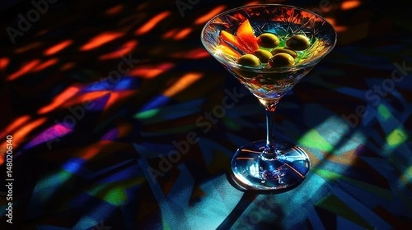 Obraz Close-up of a martini glass filled with a clear cocktail, featuring two green olives with red pits at the bottom.