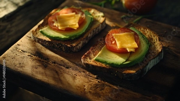 Obraz Two slices of toasted bread topped with slices of avocado and halved cherry tomatoes, garnished with small green shoots, presented on a wooden platter.