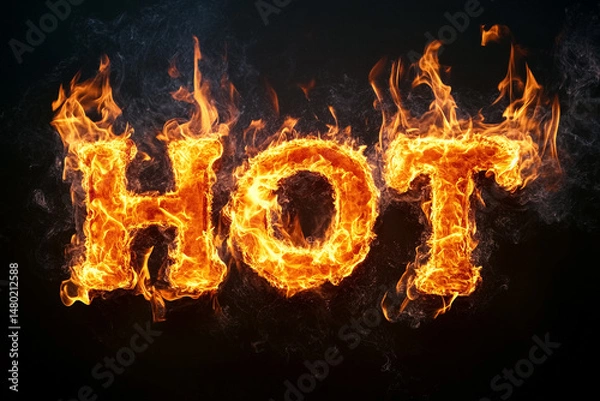 Fototapeta "Fiery HOT in Bold Letters on Black Background"